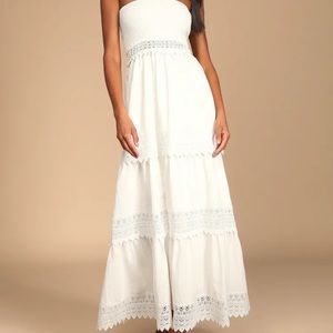 White strapless tiered maxi dress
